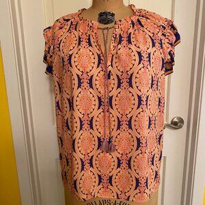 pink and navy print, ruffle sleeve, xl, rayon top
